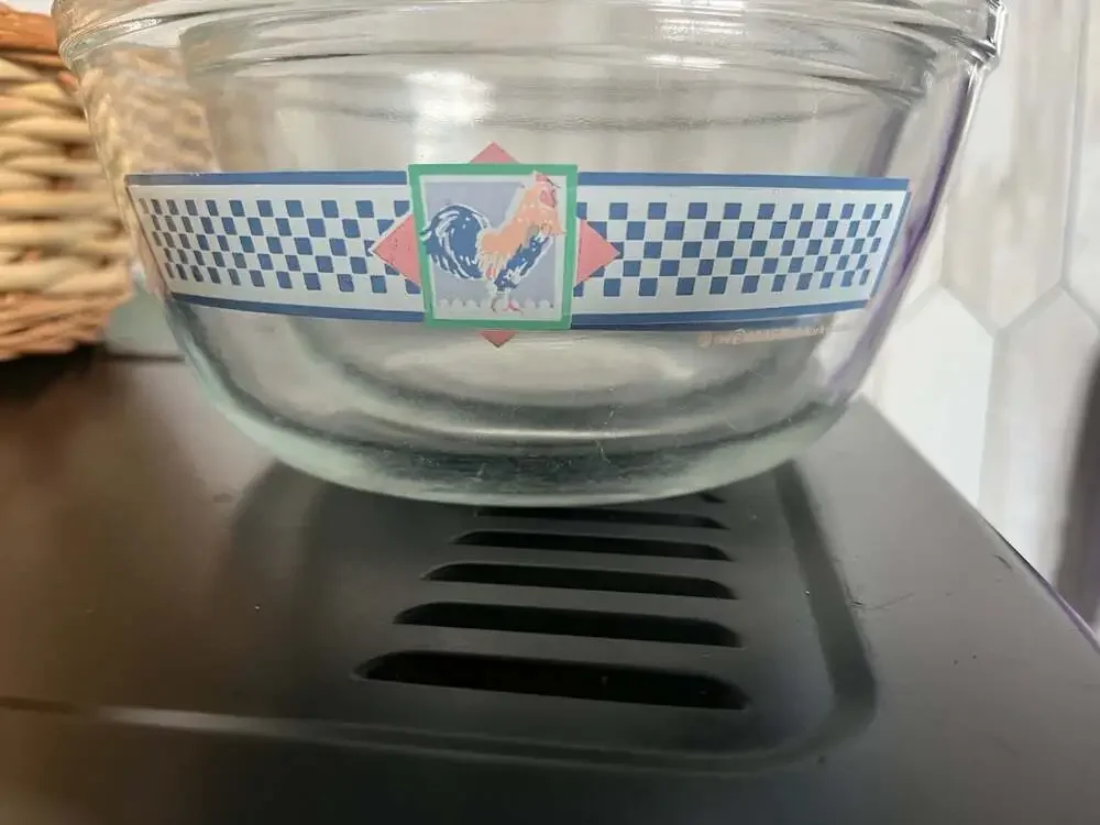 Vintage 1986 Anchor Hocking Ovenware Hallmark Rooster Glass Mixing Bowls - Set o